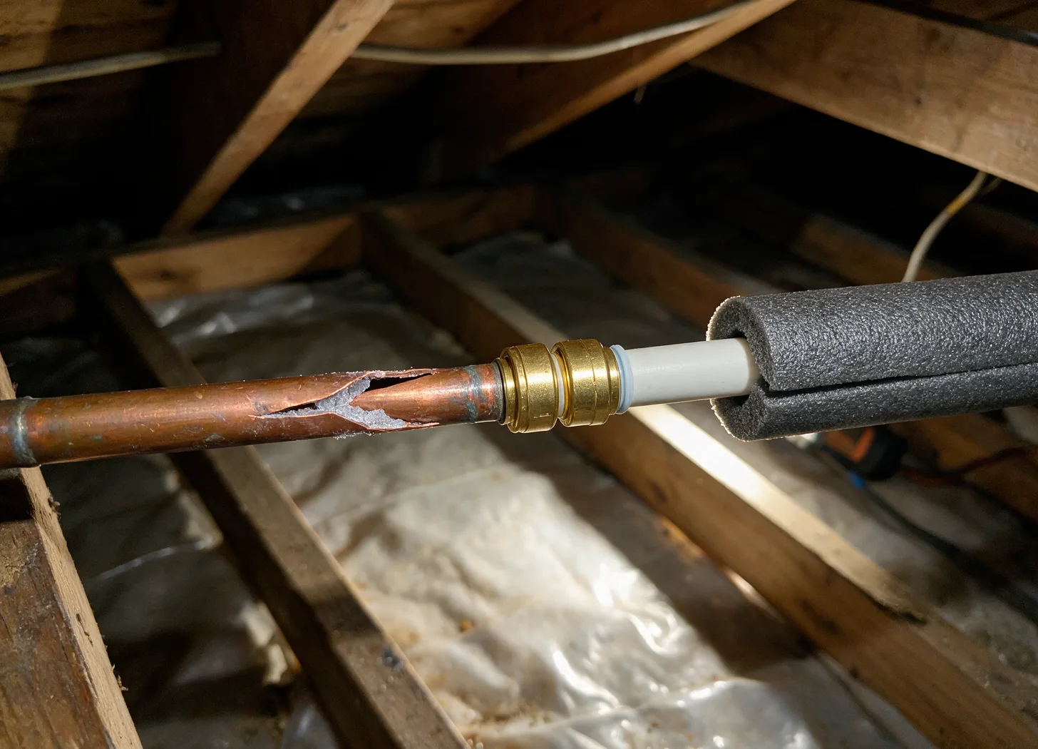 A burst pipe section replaced with new PEX tubing in a crawlspace