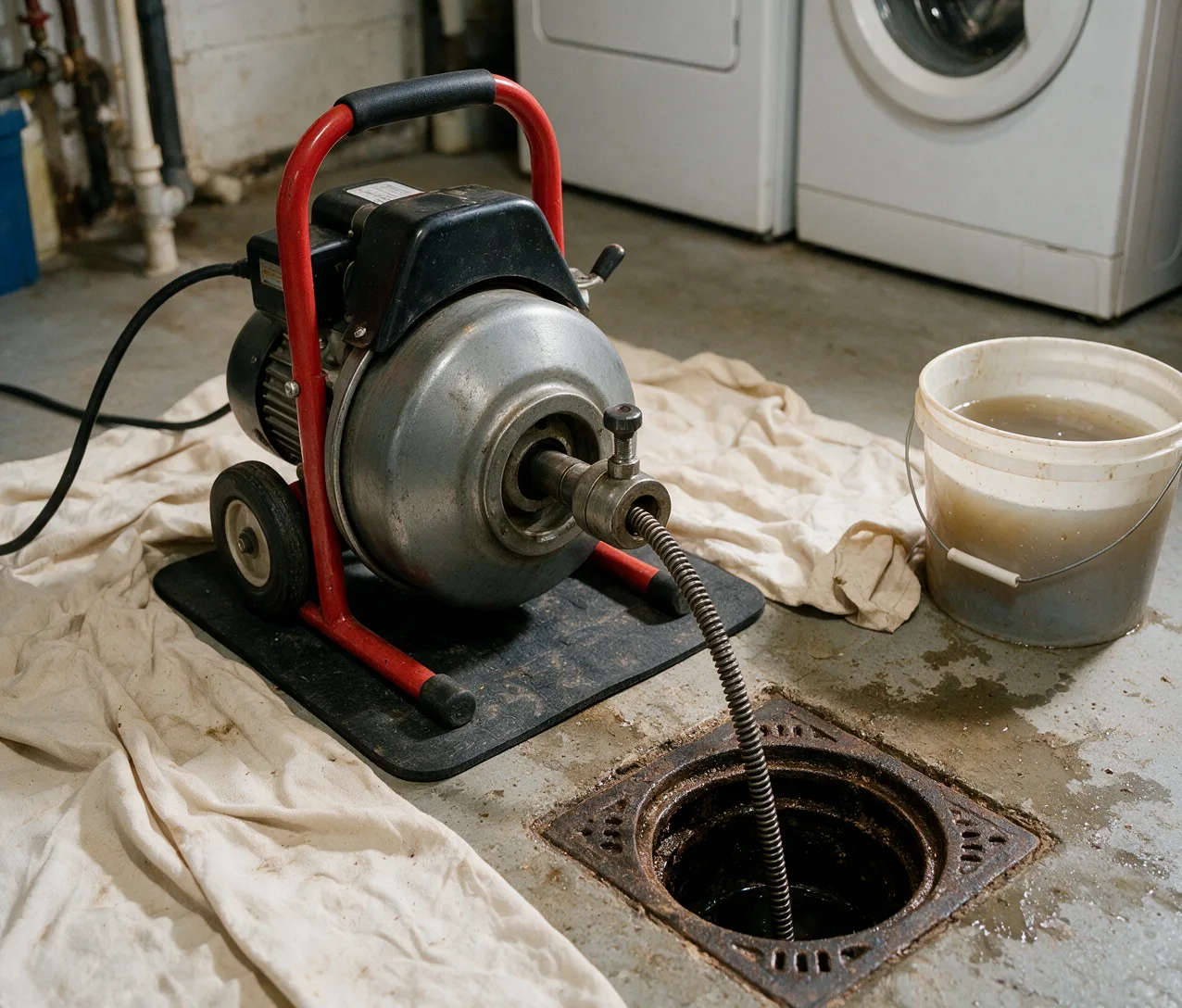 A drum cable drain machine fed into a basement floor drain