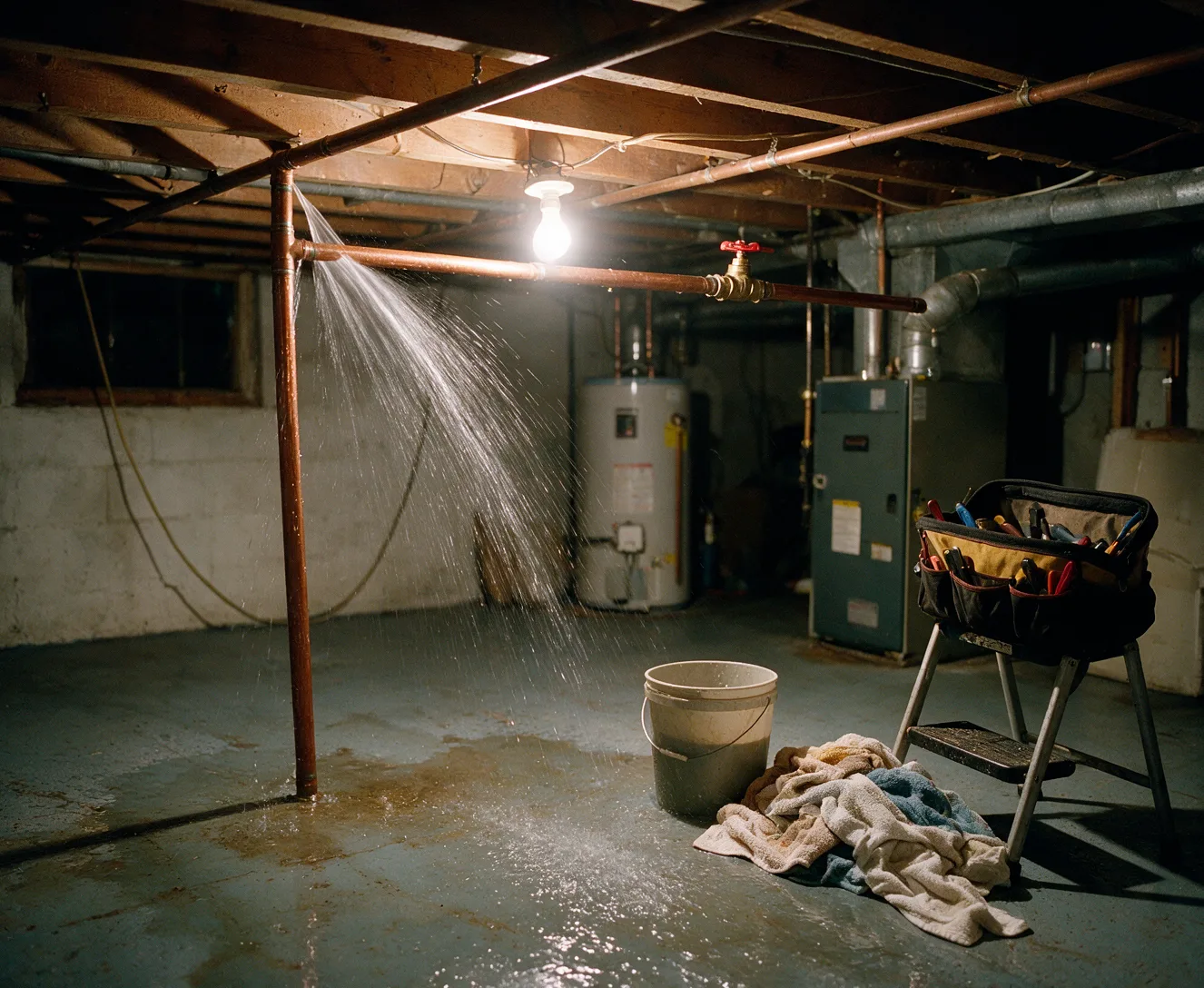 A split copper pipe spraying water in a basement utility room