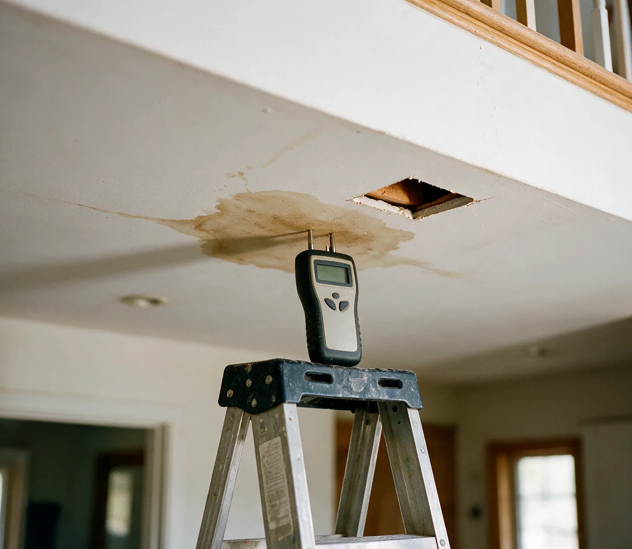 A moisture meter pressed against a water stain on a ceiling