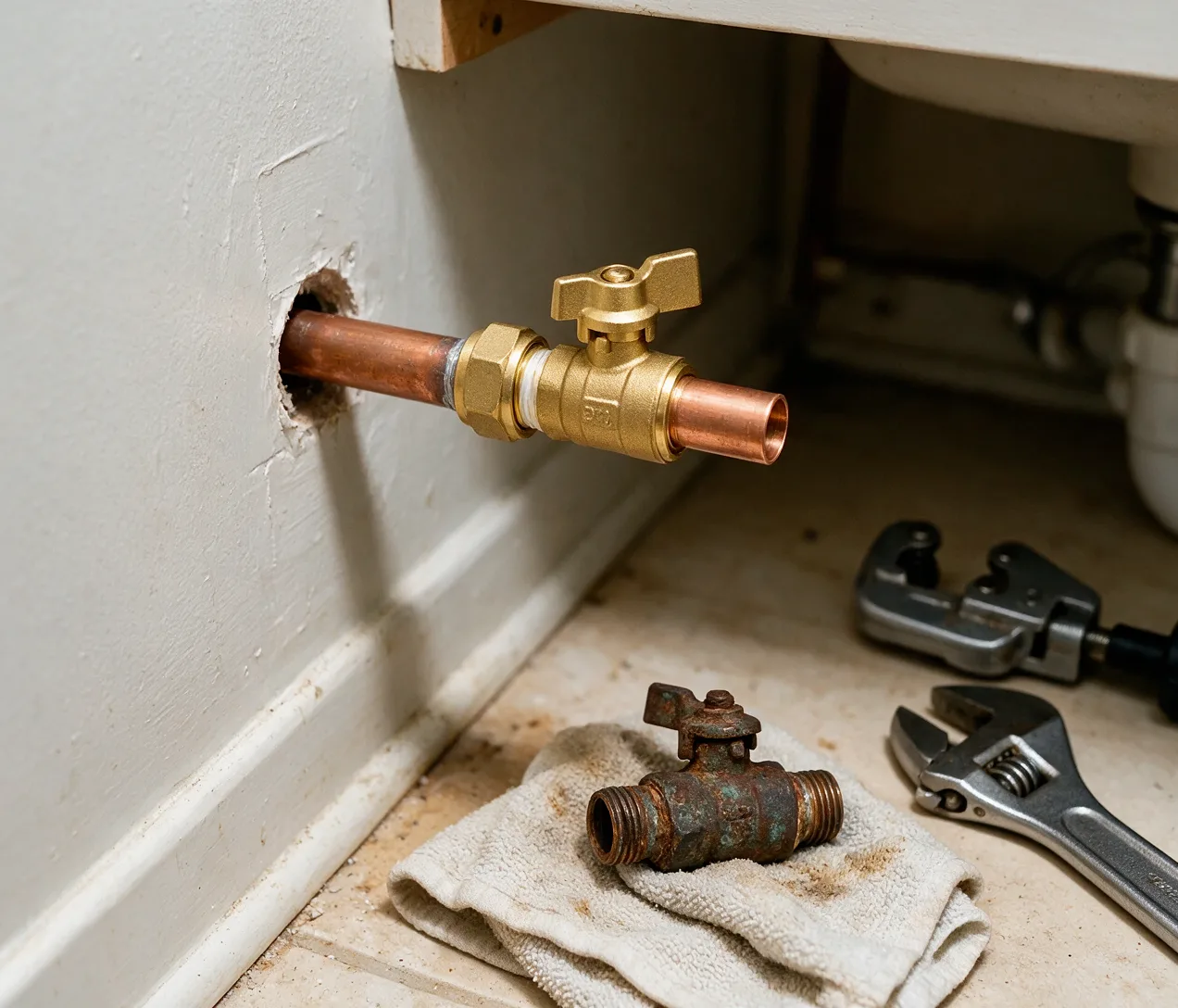 A new brass shutoff valve fitted on a copper supply line under a vanity