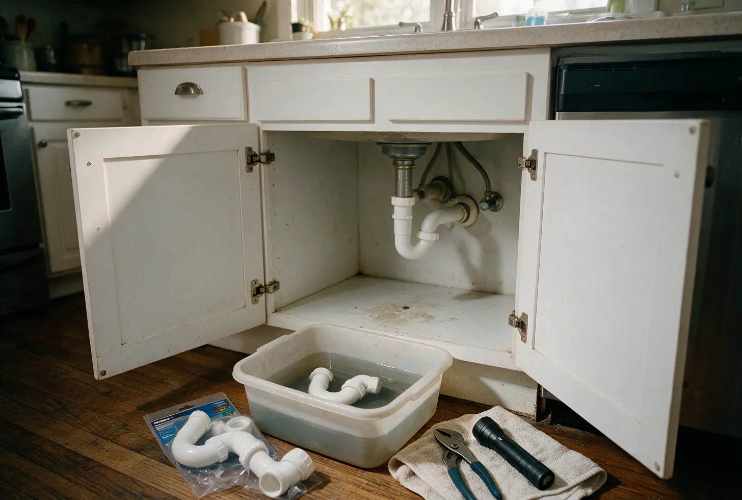 A kitchen sink cabinet opened up with the drain trap removed for repair
