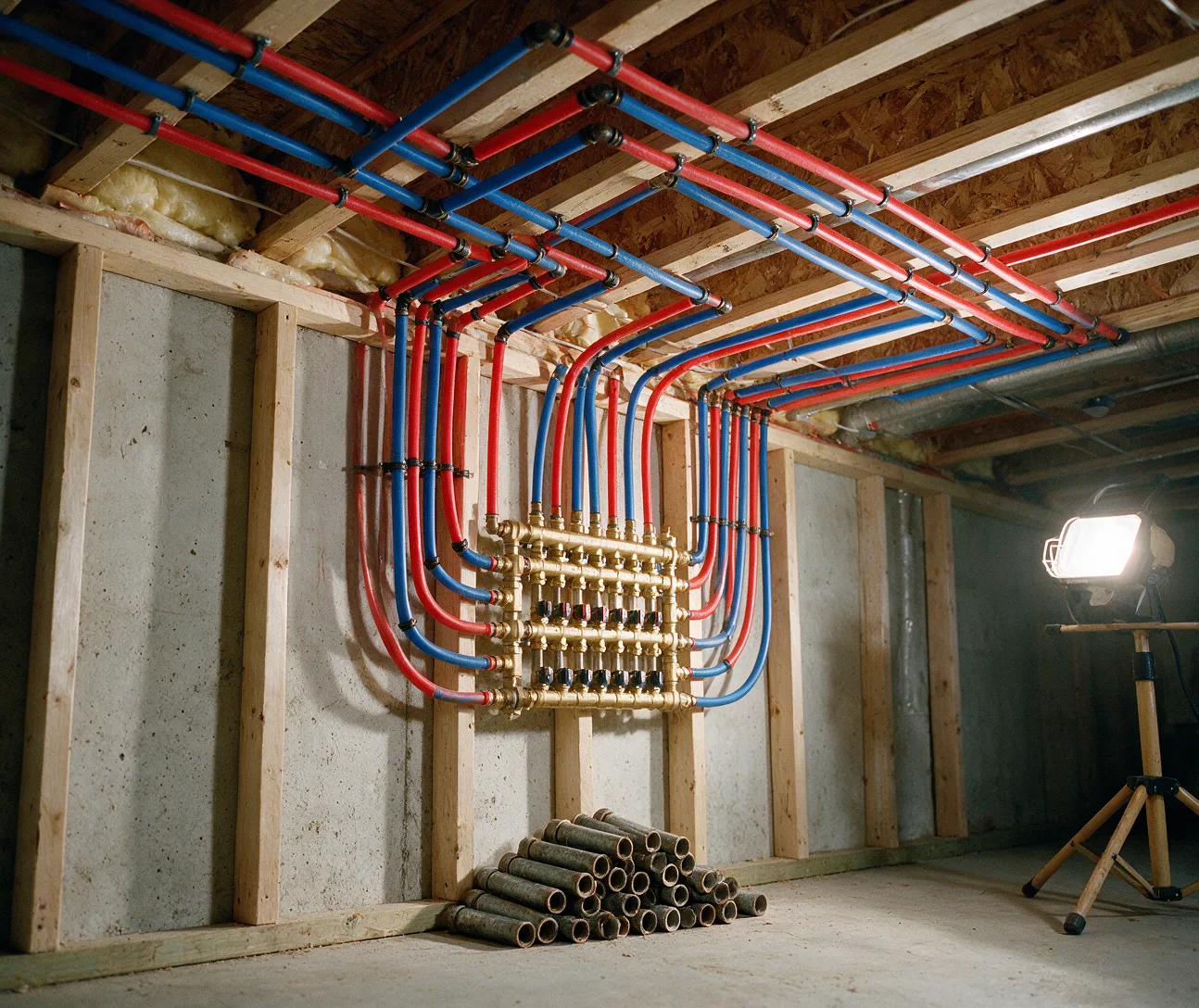 New PEX water supply lines run to a brass manifold in a basement