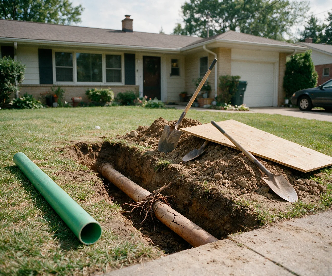 An excavated yard trench exposing a cracked clay sewer pipe