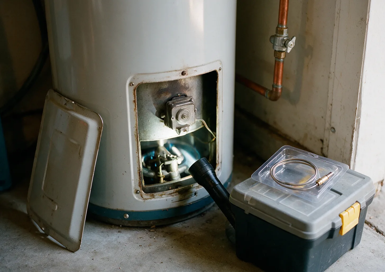 A gas tank water heater with the burner access panel removed